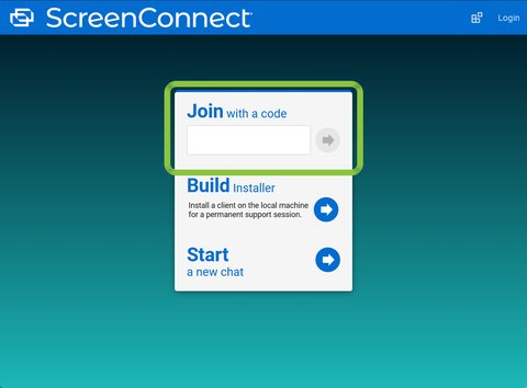 Preview of the TekEdge support page: a blue ScreenConnect header with a card below it. The top box, Join with a code, is outlined in green.